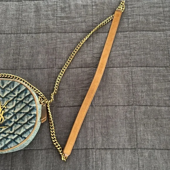 YSL Authentic Round Quilted Crossbody Denim with Gold and Leather Accents - Picture 4 of 7